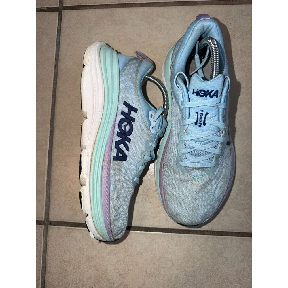 Hoka Women's Gaviota 5 running shoes in an Airy Blue/Sunlit Ocean colorway US si